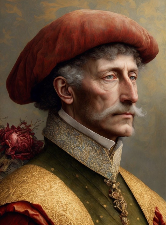 Aristocratic Man Portrait with Ornate Tabard and Roses