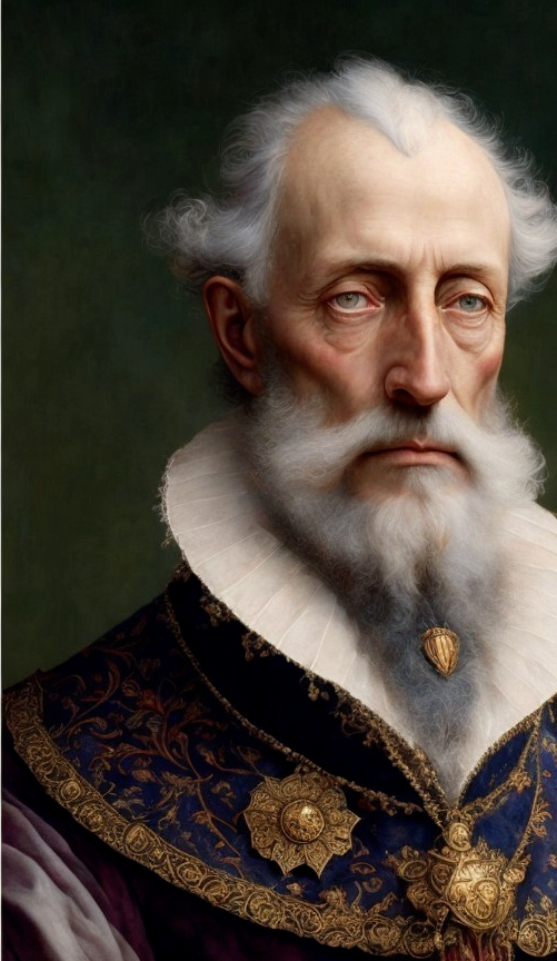 Historical figure in ornate garment with blue eyes