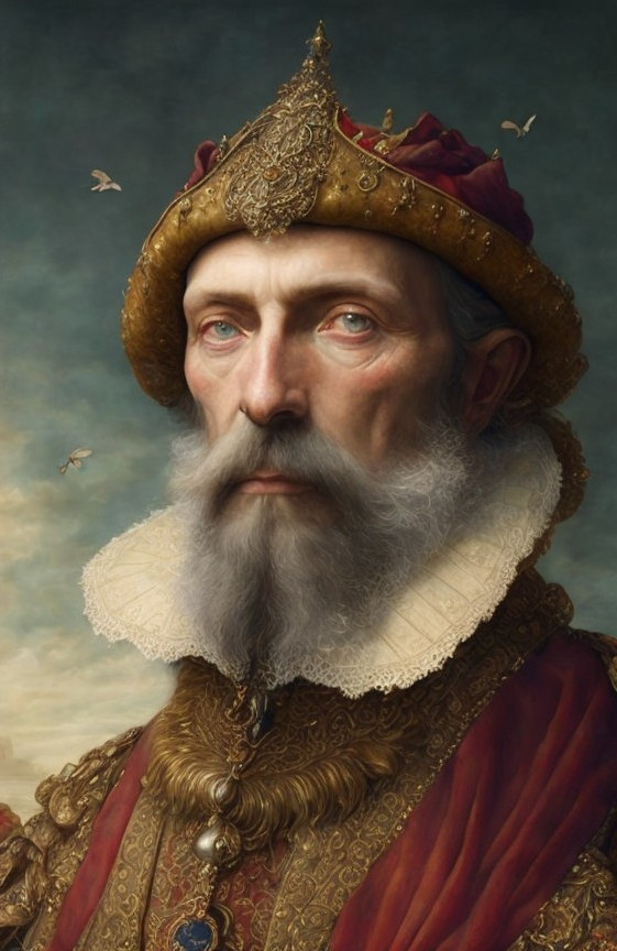 Elderly Man in Regal Attire with Crown and Collar