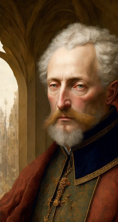 Regal figure in ornate blue and gold attire in archway
