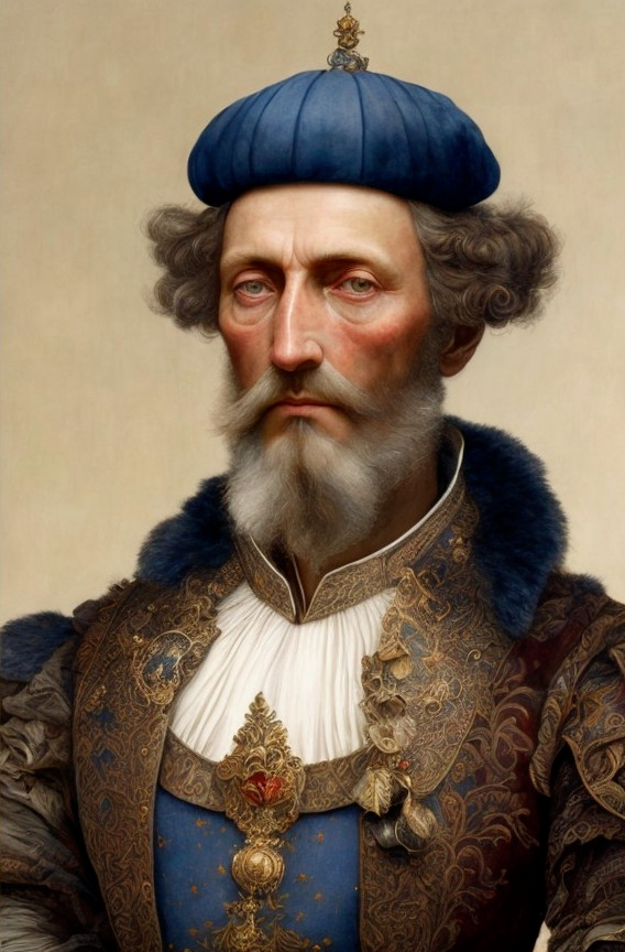 Nobleman in Blue and Gold Outfit with Fur Collar