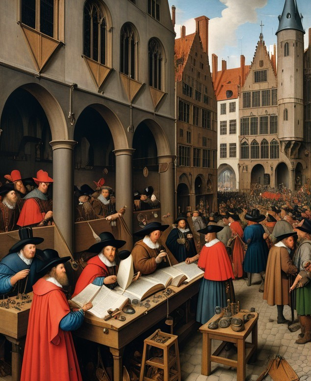 Medieval Marketplace Scene with Merchants and Townspeople