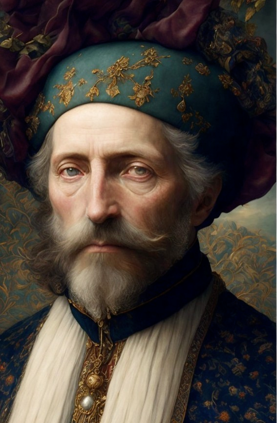 Distinguished Man in Ornate Turban and Regal Attire