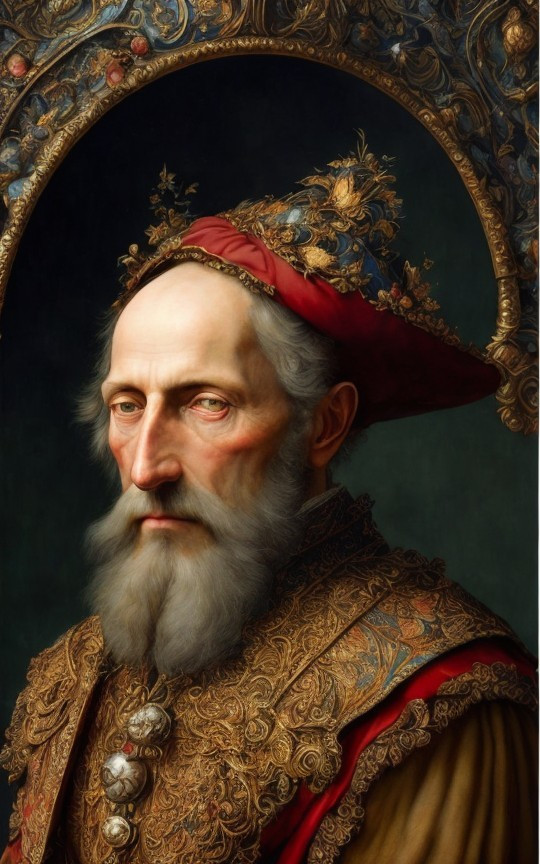 Regal figure in ornate robe and elaborate headdress