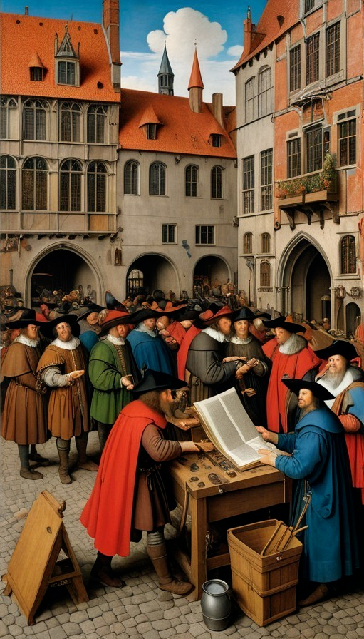 Medieval Courtyard with Colorful Robes and Architecture