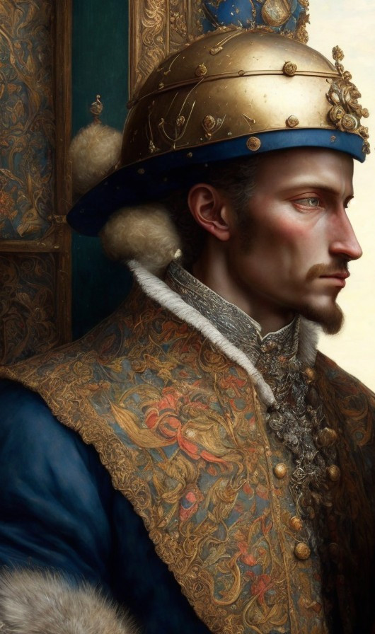 Regal figure in ornate coat with golden helmet