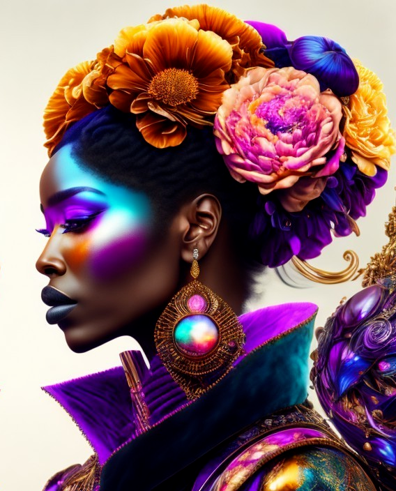 Profile of a woman with colorful makeup and flowers