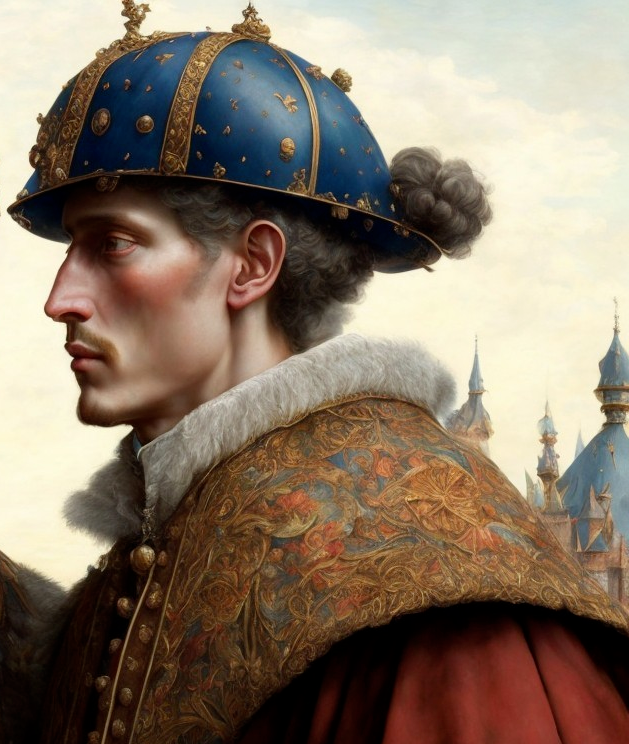 Regal figure in gold and blue crown with fur cloak