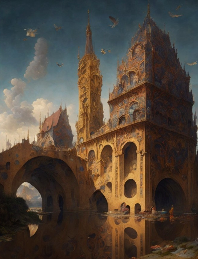 Intricate Towers and Serene Waters in a Fantasy Landscape