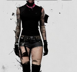 Sleek Black Outfit with Intricate Tattoos and Urban Background