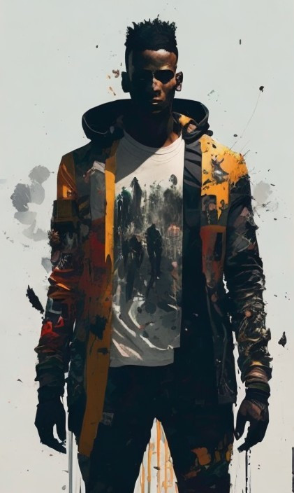 Vibrant Jacket Against Muted Backdrop with Abstract Design