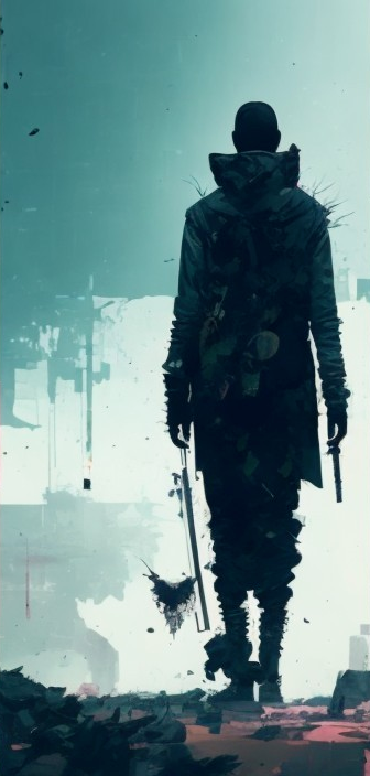 Silhouetted Figure in Futuristic Dystopian Landscape
