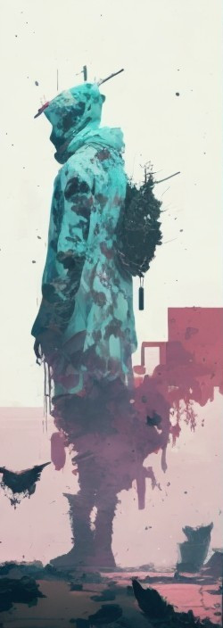 Profile of a figure in vibrant abstract garment