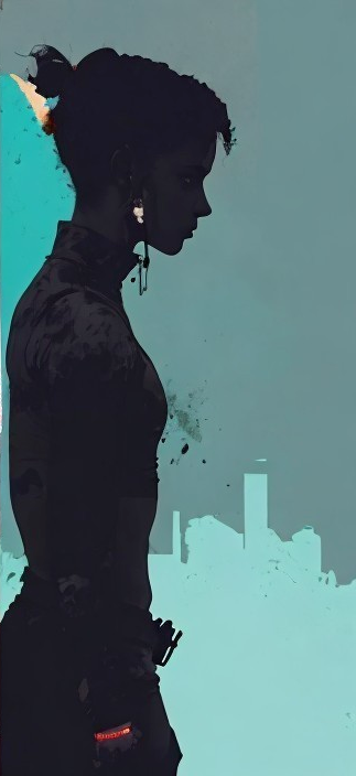 Silhouette of Woman with Teal Background and City Skyline