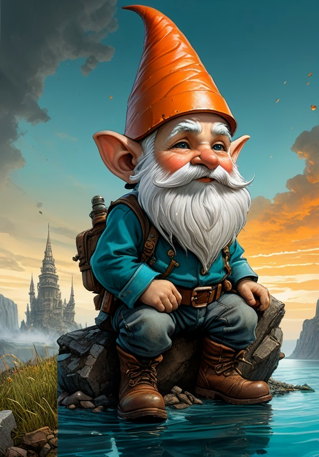 Gnome by Tranquil Lake with Castle in Background