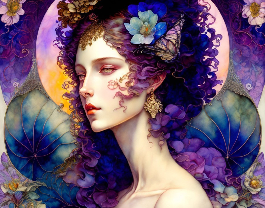 Portrait of a woman with vibrant purple hair and flowers