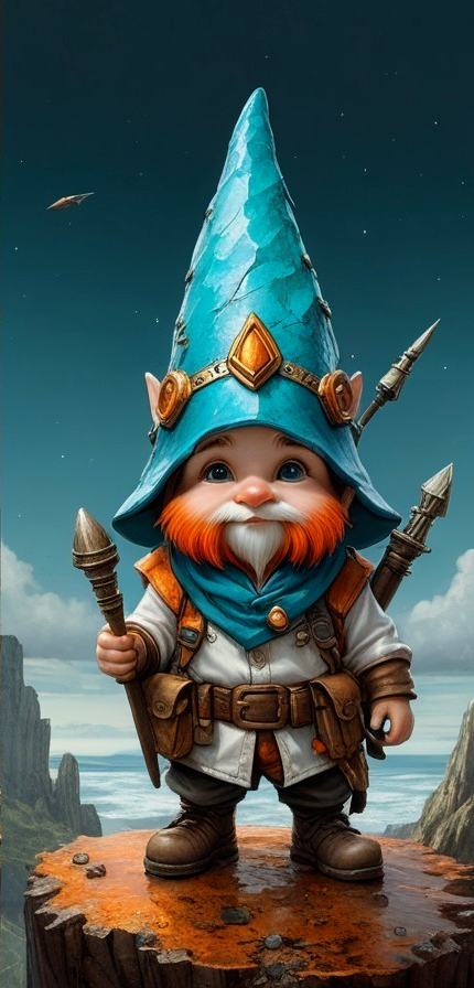 Whimsical gnome on rocky outcrop with spear and arrows