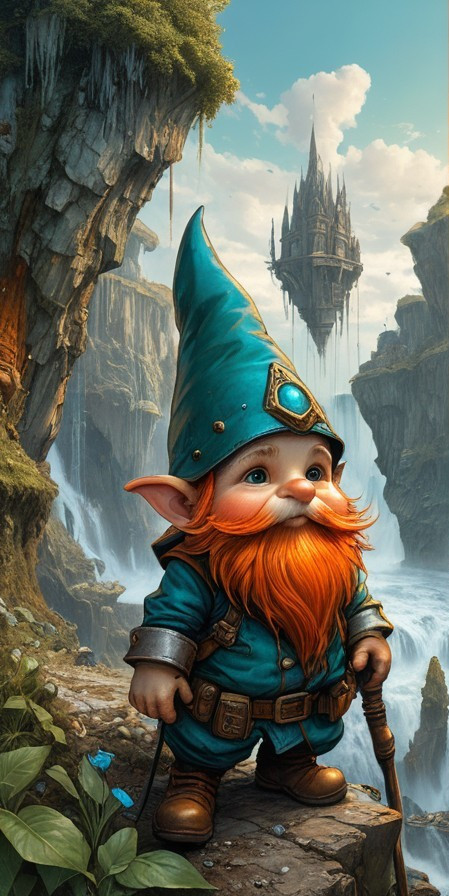 Whimsical Gnome on Rocky Terrain with Castle Background