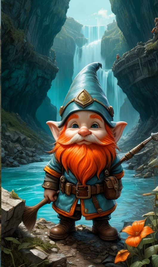 Cheerful gnome by a crystal-clear river and waterfalls