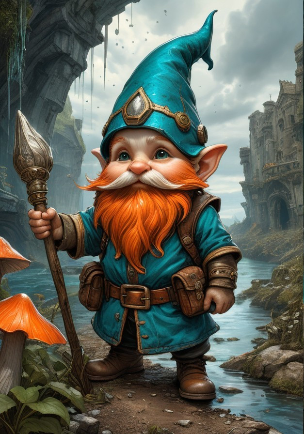 Whimsical gnome by serene river with vibrant attire