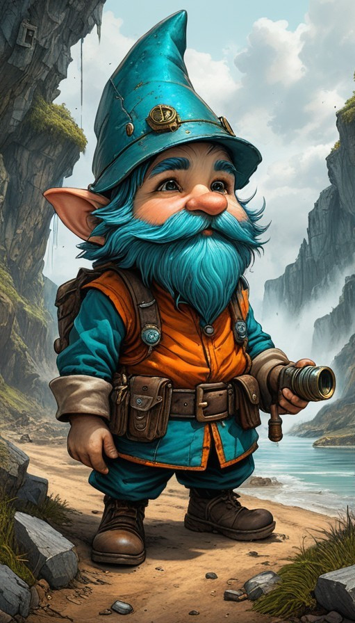 Whimsical gnome on rocky path by picturesque river
