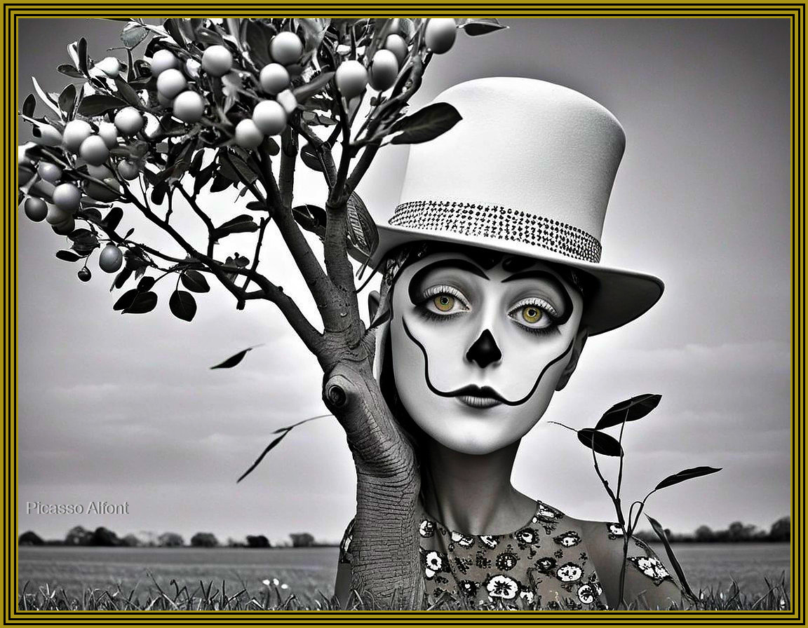 Black-and-white figure with skull face and yellow eyes