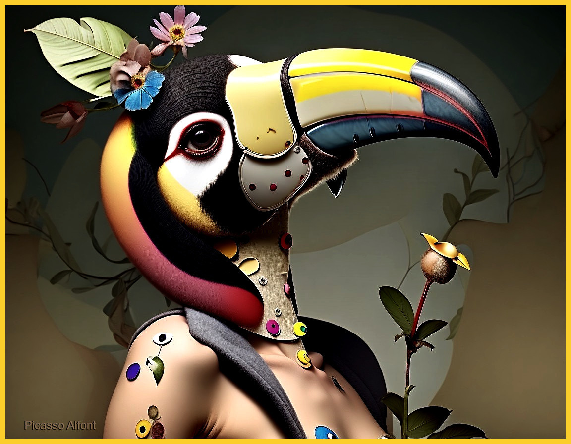 Surreal Artwork of Humanoid Figure with Toucan Head