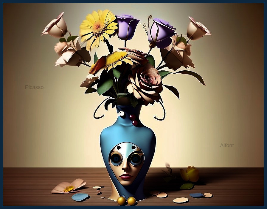 Surreal Vase with Colorful Flowers and Humanoid Face
