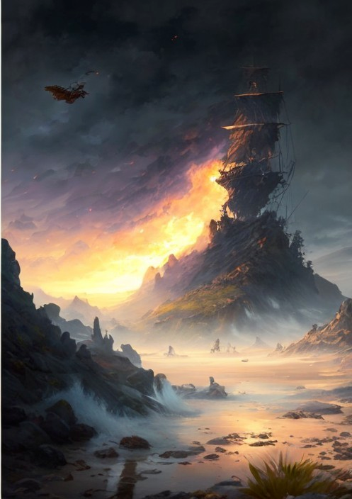 Dramatic Seascape with Shipwreck and Flying Craft