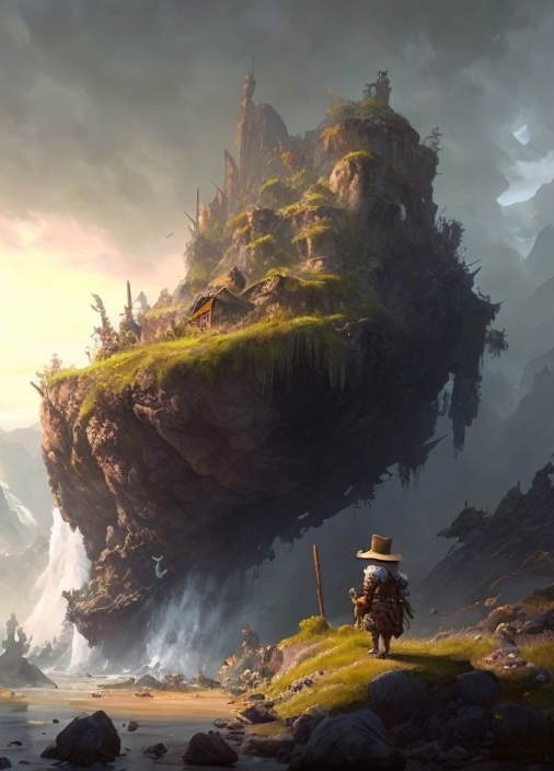 Floating Island with Lush Greenery and Traveler