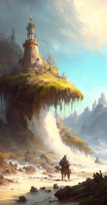 Moss-Covered Tower on a Floating Island Landscape