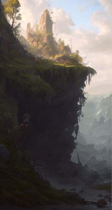 Rugged Cliffside Landscape with Lush Greenery and Cabin