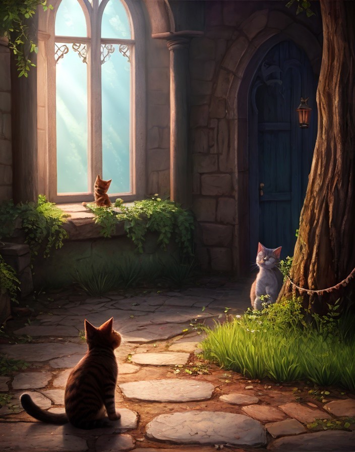 Serene Courtyard with Cats and Ivy-Covered Window
