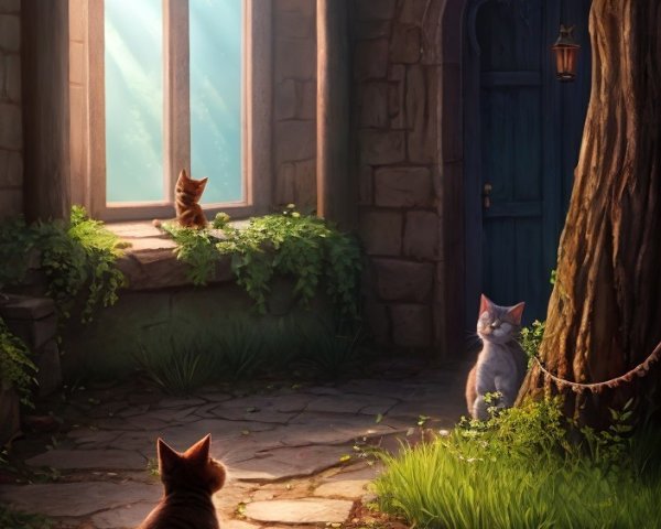 Serene Courtyard with Cats and Ivy-Covered Window