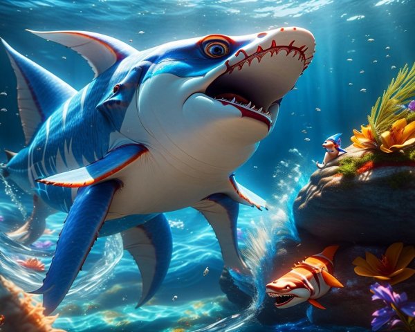 Cartoon Shark in Colorful Underwater Scene