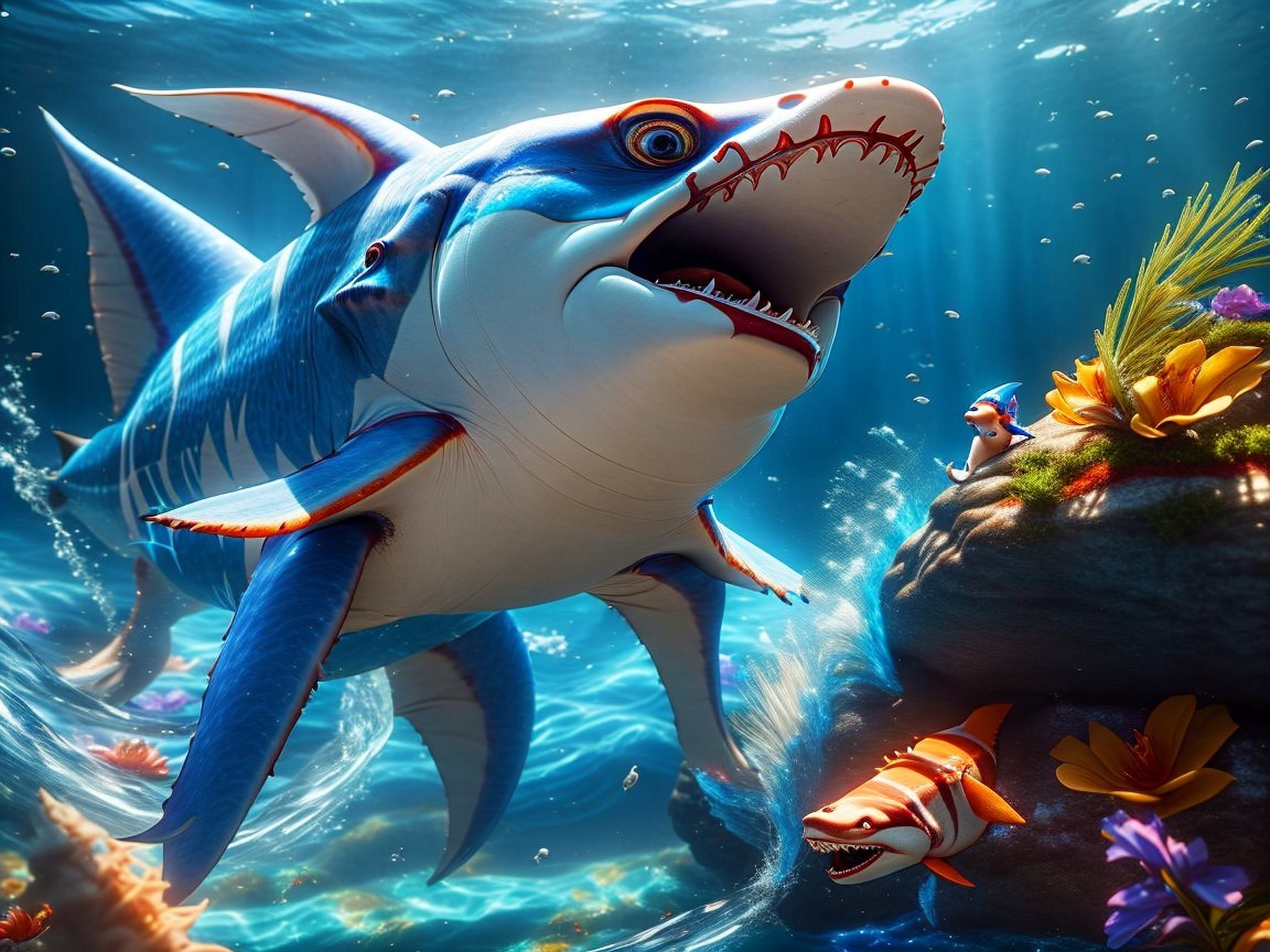 Cartoon Shark in Colorful Underwater Scene