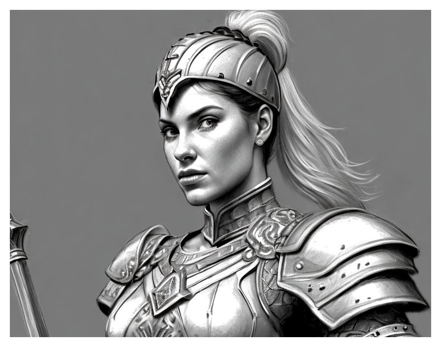 Grayscale Portrait of a Female Warrior in Armor