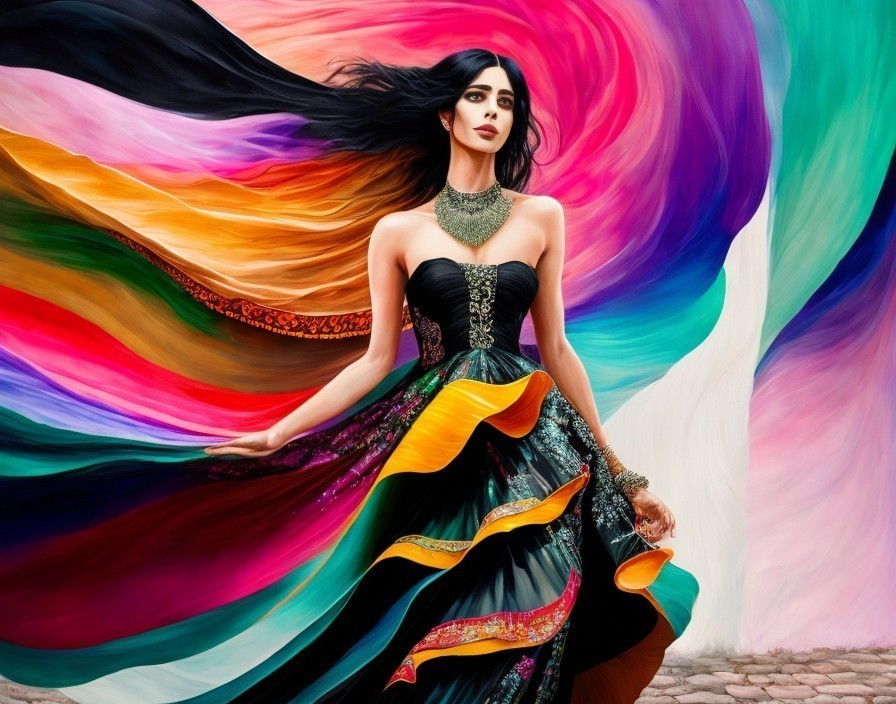 Elegant Woman in Black Gown with Vibrant Colors