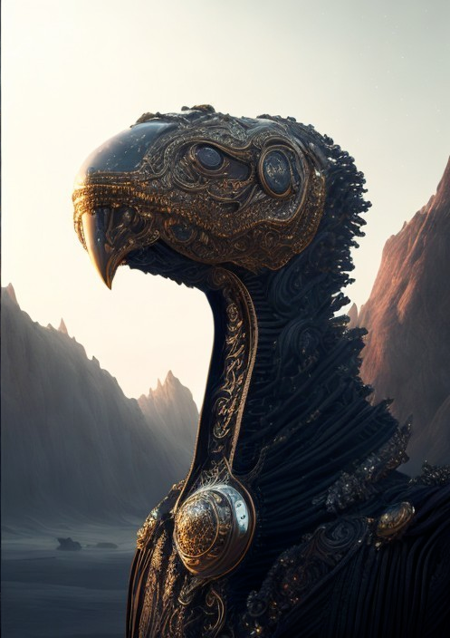 Majestic Bird-like Creature with Golden Patterns in Mountains