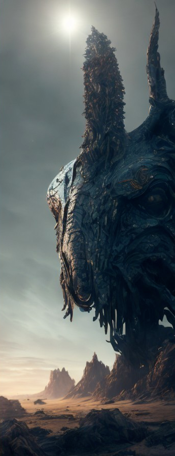 Colossal Alien Figure in Barren Landscape with Mountains