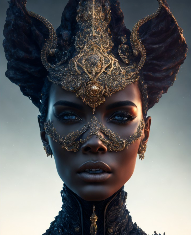 Portrait of a woman with ornate headpiece and mask