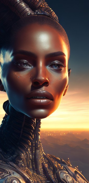 Futuristic Portrait of a Cybernetic Figure at Sunset