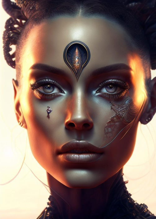 Futuristic Character with Metallic Skin and Geometric Patterns