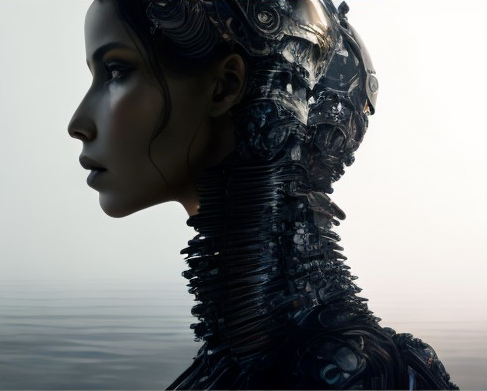 Humanoid Figure with Robotic and Metallic Features