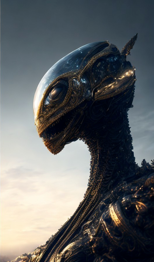 Intricately Designed Robotic Creature Against Dramatic Sky