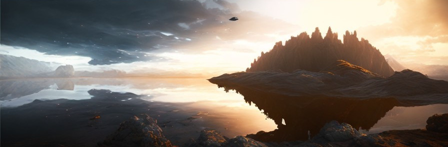 Tranquil Water and Dramatic Mountains in Alien Landscape