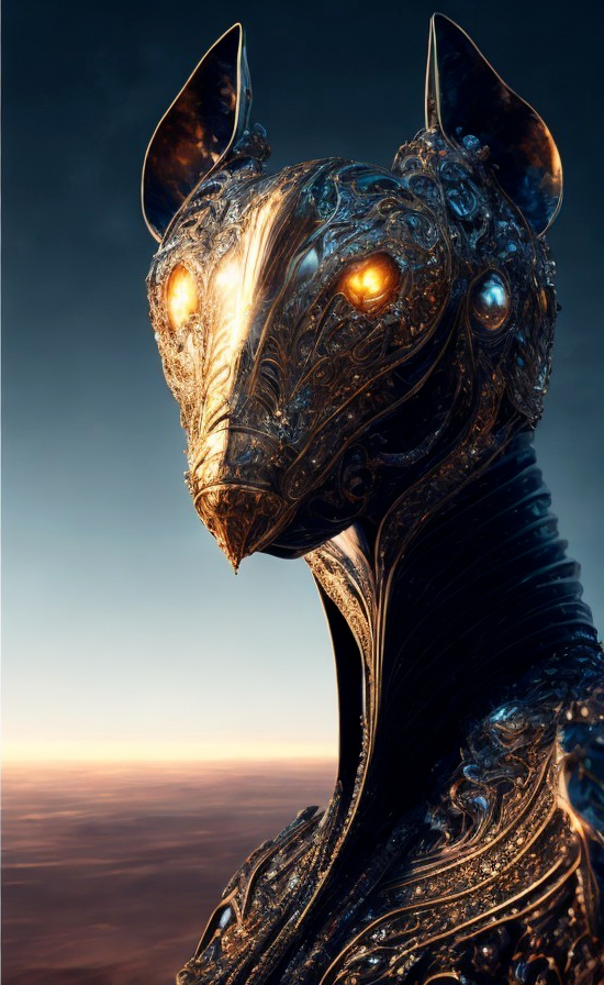 Metallic Dog-Inspired Creature with Glowing Eyes