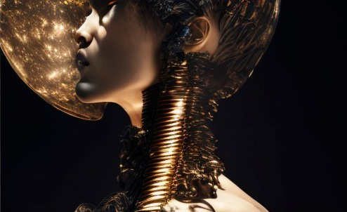 Futuristic Figure with Metallic Designs and Luminous Headpiece