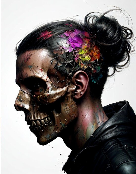 Human and Skull Features with Flowers and Paint