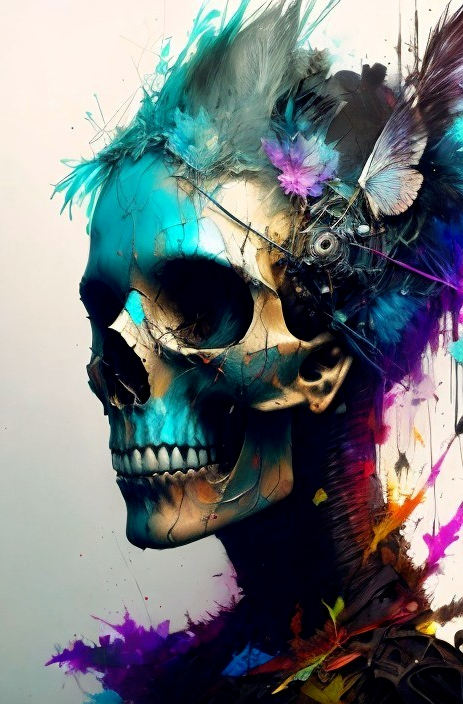 Colorful Skull with Feathers and Butterfly Accents